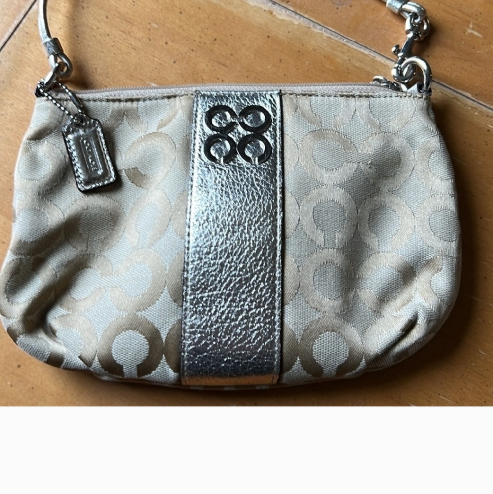 Coach Mini handbag wristlet metallic gold signature C leather and canvas EUC - Picture 2 of 4